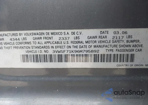 2006 Volkswagen Jetta 2.5 Option Package 1 from USA, damaged, VIN 3VWSF71K96M795892